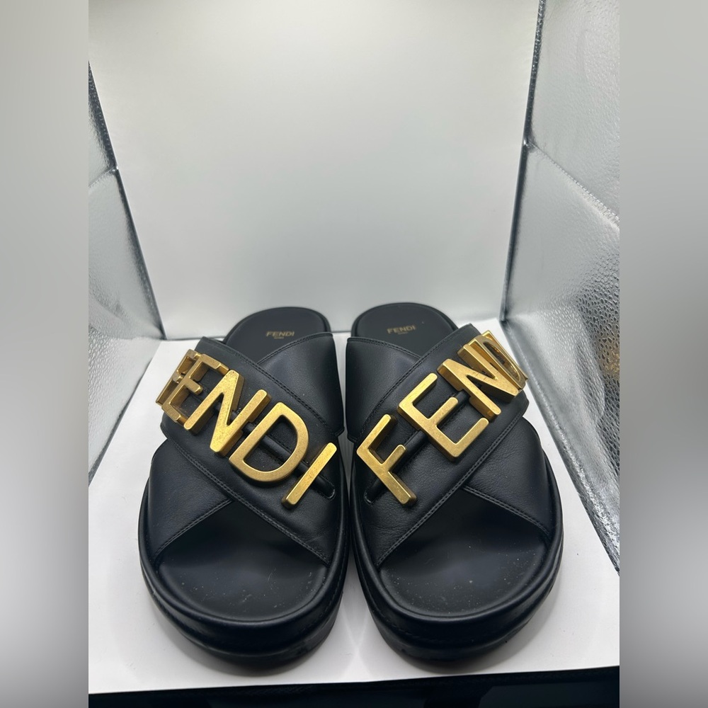 Fendi Black Slides with Gold Logo